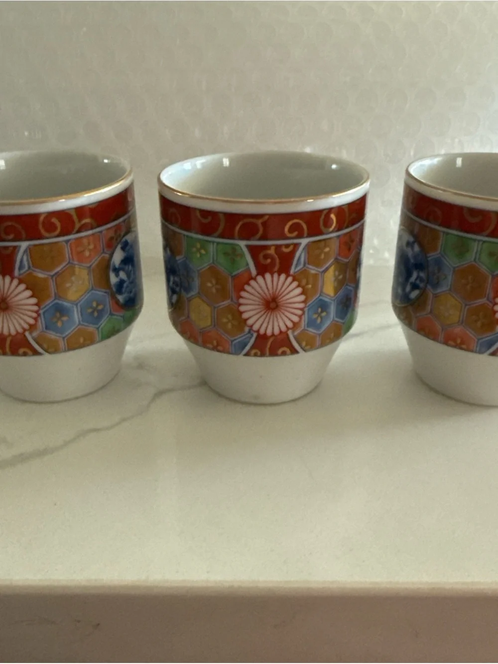 Multicolor Porcelain Tea or Saki Cups with Dragon Motif - Set of 3